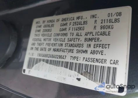 2008 Acura Tl 3.2 from USA, damaged, VIN 19UUA66248A029647